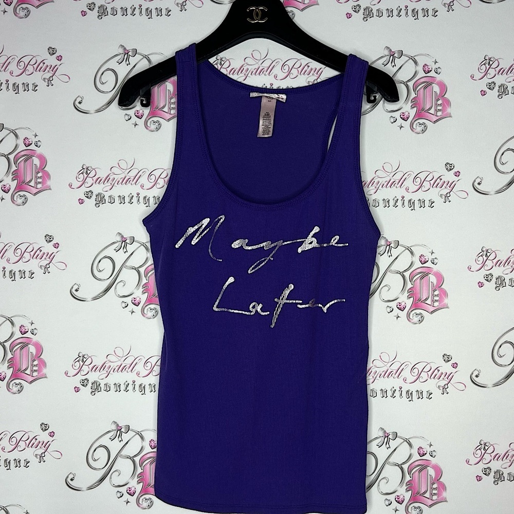 La senza tank top MAYBE LATER silver writing sexy cute 2000s top purple blue